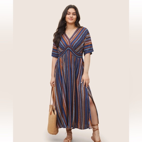BloomChic Dresses & Skirts - BloomChic Striped Contrast Dolman Sleeve Shirred Pocket Split Flutter Dress